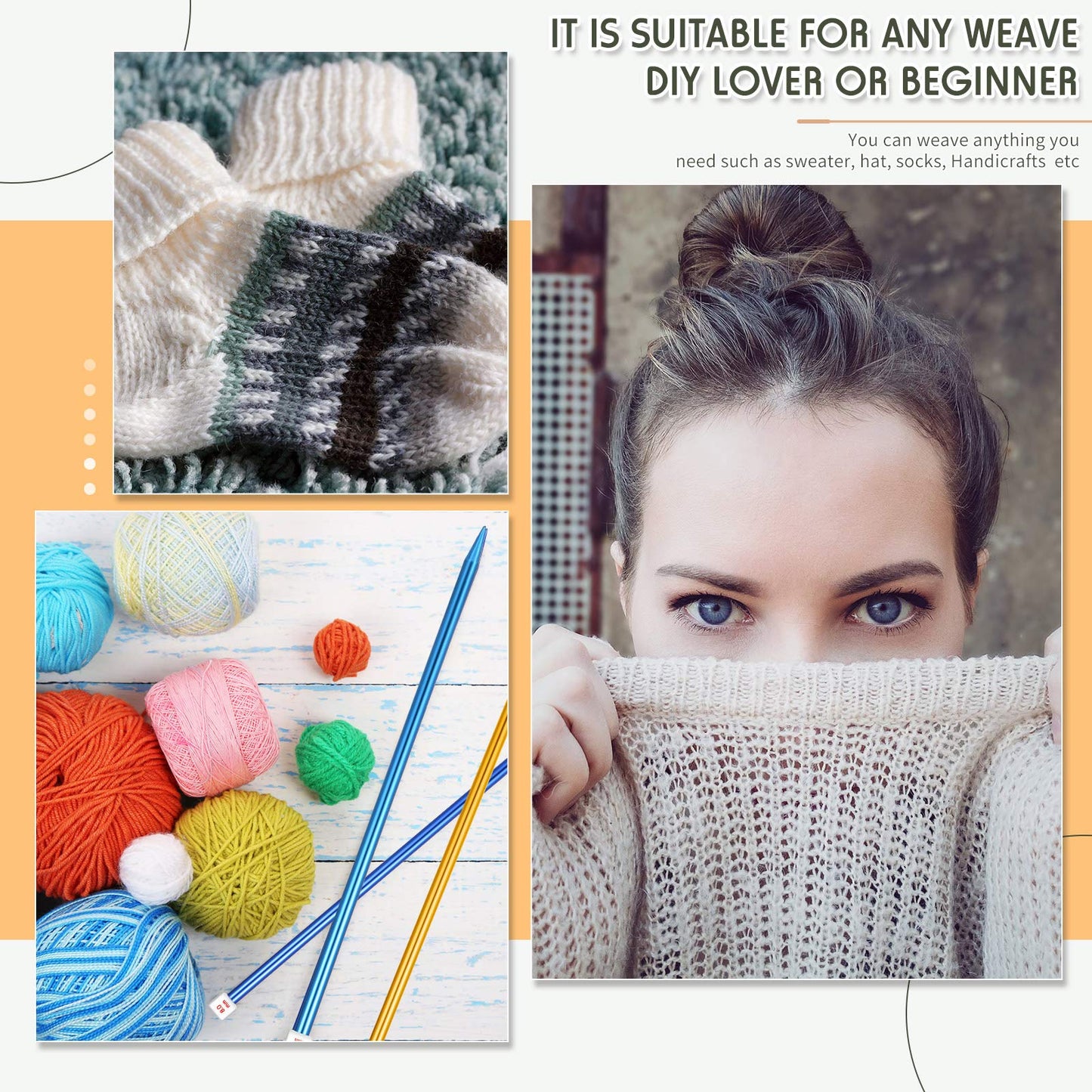 6 Pieces/ 3 Pairs Aluminum Straight Knitting Needles Set, 8 mm, 9 mm and 10 mm,14 Inch Single Point Knitting Needles, Color Extra Long Sweater Straight for DIY Projects