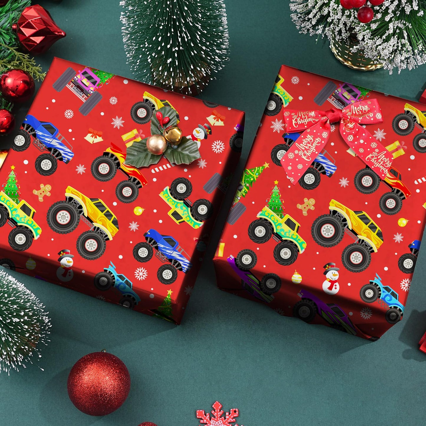 Cuitpan Red Monster Truck Christmas Wrapping Paper - Xmas Gift Wrap with Holiday Trees, Snowmen & Gingerbread Men Design - Ideal for Kids & Adults Gift Wrapping - 40×28 Inches, 4 Folded Sheets