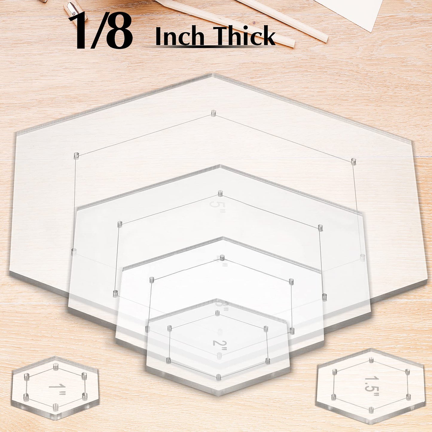Weewooday 6 Pieces Hexagon Quilting Templates 1 Inch, 1.5 Inch, 2 Inch, 3 Inch, 4 Inch, 5 Inch with 1/4 Inch Seam Allowance, Acrylic Quilting Templates for DIY Quilting Sewing Crafts