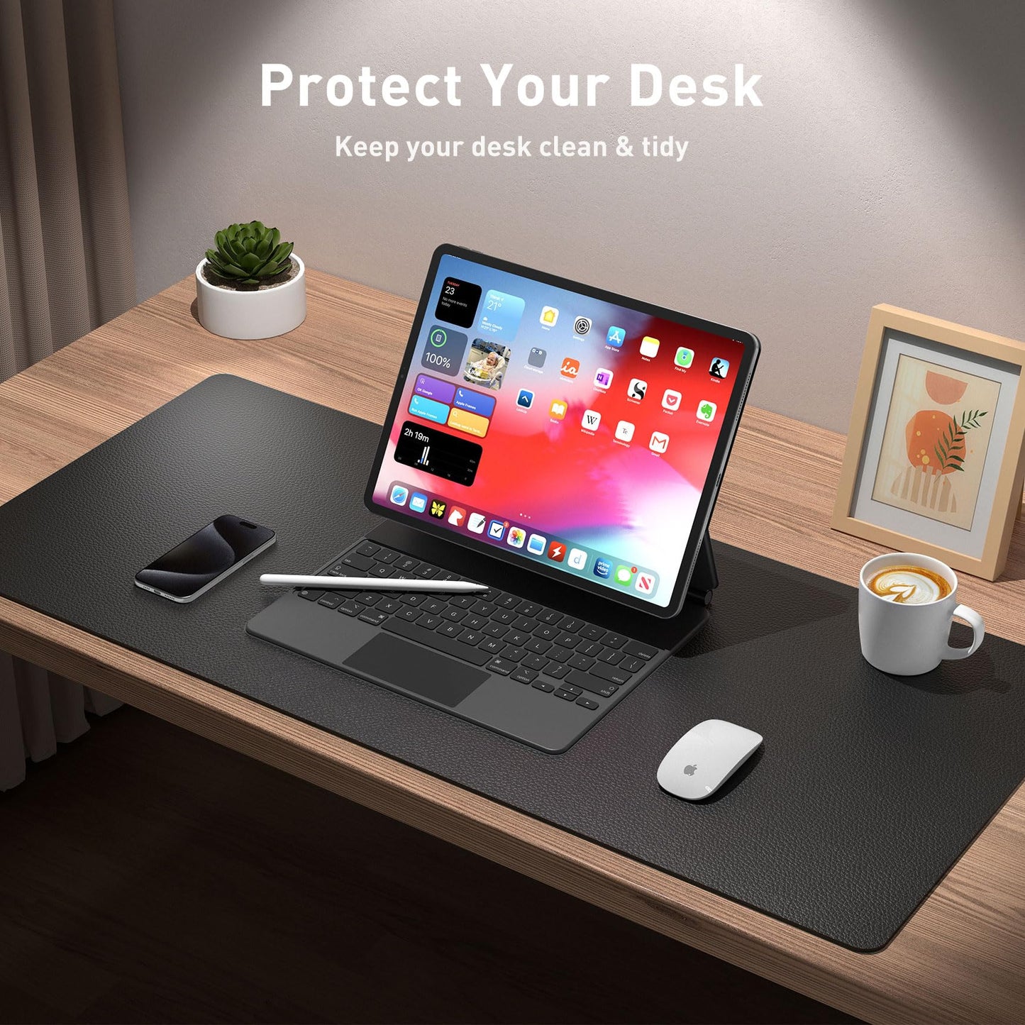 Aothia Non-Slip Waterproof PU Leather Desk Pad Protector for Mouse, Writing Desk, Office, Home, Laptop Blotter, 23.6" x 13.7", Black