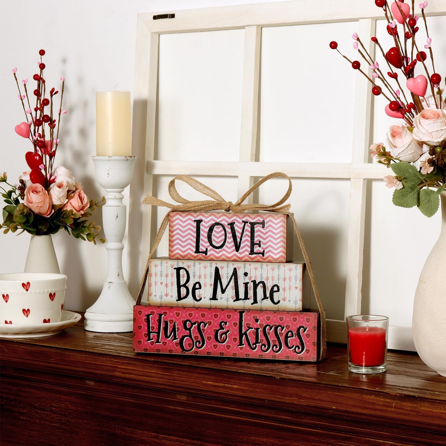 Valentines Day St. Patrick's Day Decor - Rustic Tiered Tray with Reversible Shamrock Blocks for Table & Kitchen Farmhouse Valentine Bundle