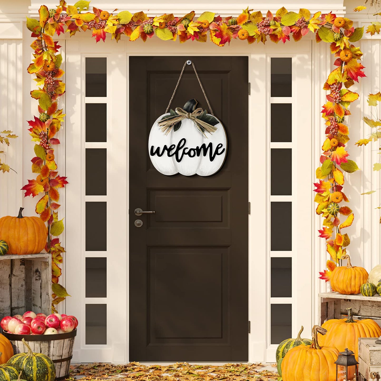 Jetec Fall Decor Pumpkin Welcome Sign Thanksgiving Door Hanger Wooden Pumpkin Decor Hanging Porch Sign for Autumn Harvest Thanksgiving Farmhouse Wall Decoration(White)