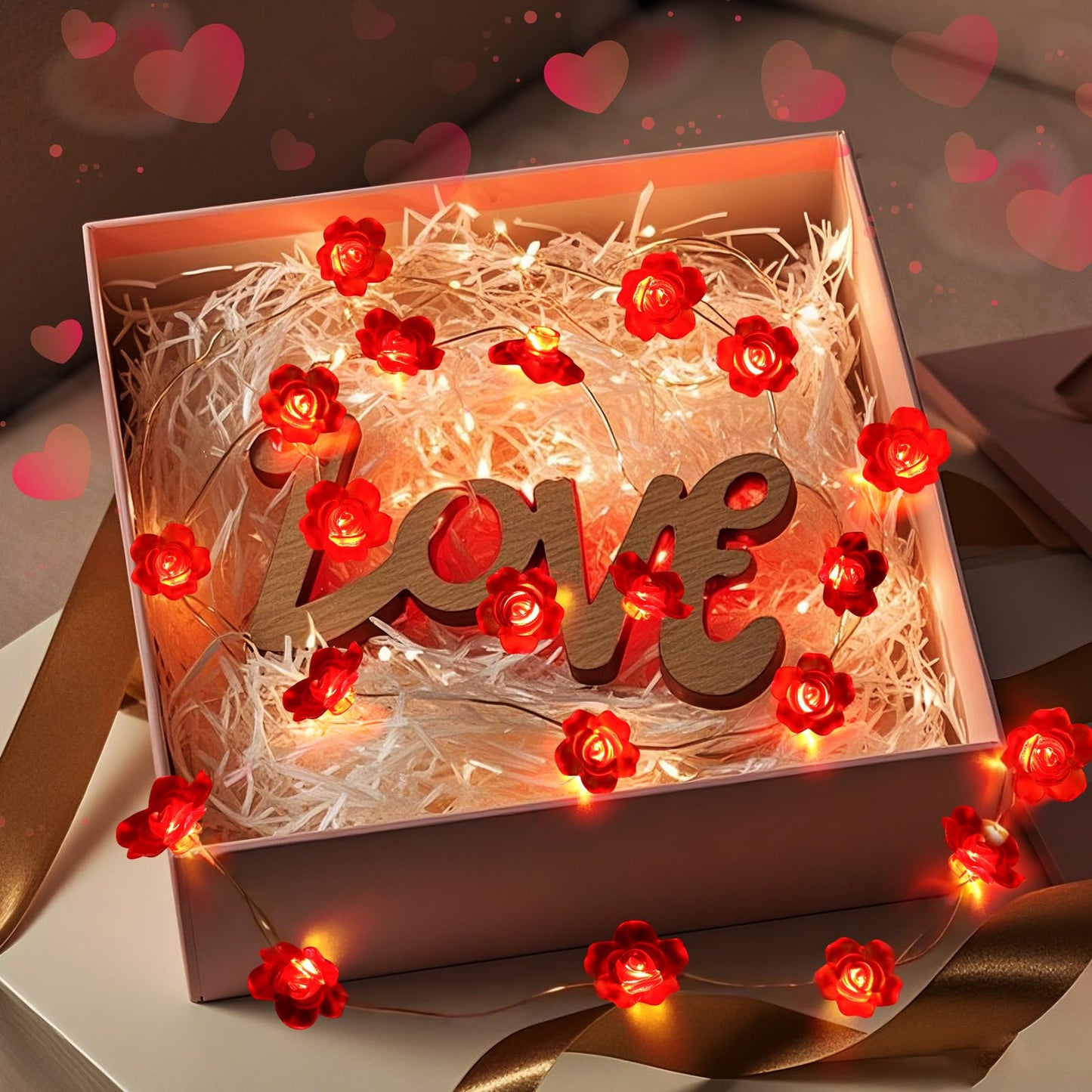 Coquimbo Valentines Day Decorations Lights, 10FT 30 LED Rose String Lights Battery Operated String Lights Mothers Day Decor for Indoor Outdoor Home Room Party Wedding Decorations