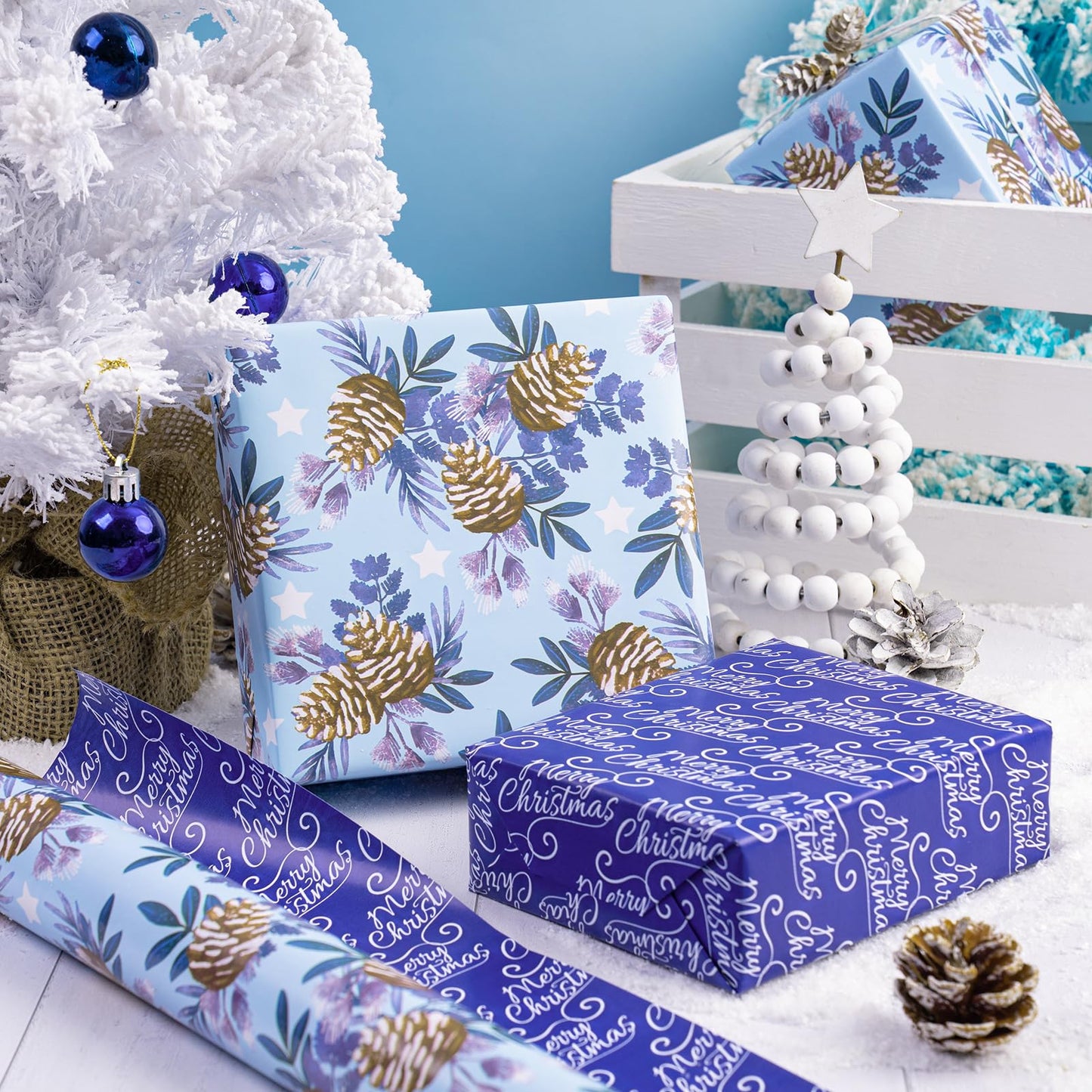 Reversible Christmas Wrapping Paper - Mini Roll - 17 Inch x 33 Feet - Pinecone and Merry Christmas Blue Wrapping Paper for Xmas Holiday, Party Celebration
