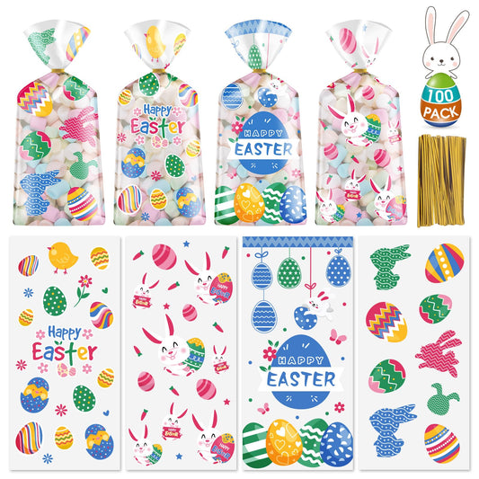 100 Pcs Easter Treat Bags - Happy Easter Gift Bags, Easter Eggs Plastic Cellophane Bag, Clear Colorful Easter Bunny Goodie Candy Favor Bags with Gold Twist Ties for Easter Party Favors Supplies