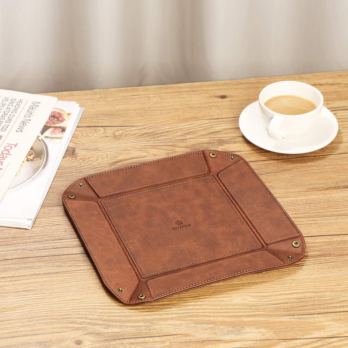 SITHON Valet Tray Desktop Storage Organizer – Premium PU Leather Catchall Bedside Vanity Tray Nightstand Caddy Holder for Remote Controller, Keys, Phone, Wallet, Coin, Jewelry, Brown