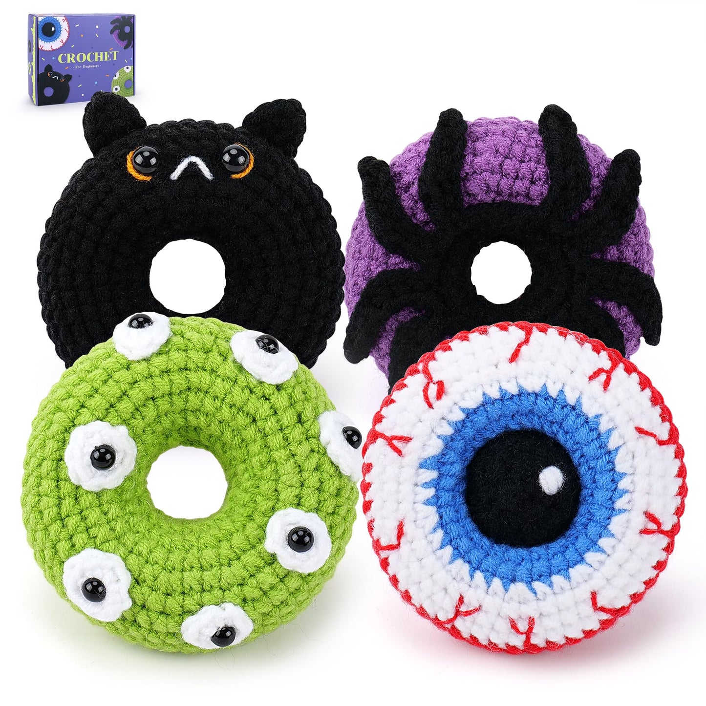 Crochet Kit for Beginners, 4 PCS Donut Family Crochet Kit with Step-by-Step Video Tutorials, Beginner Crochet Kit for Adults and Kids, Donut Family Crocheting Set