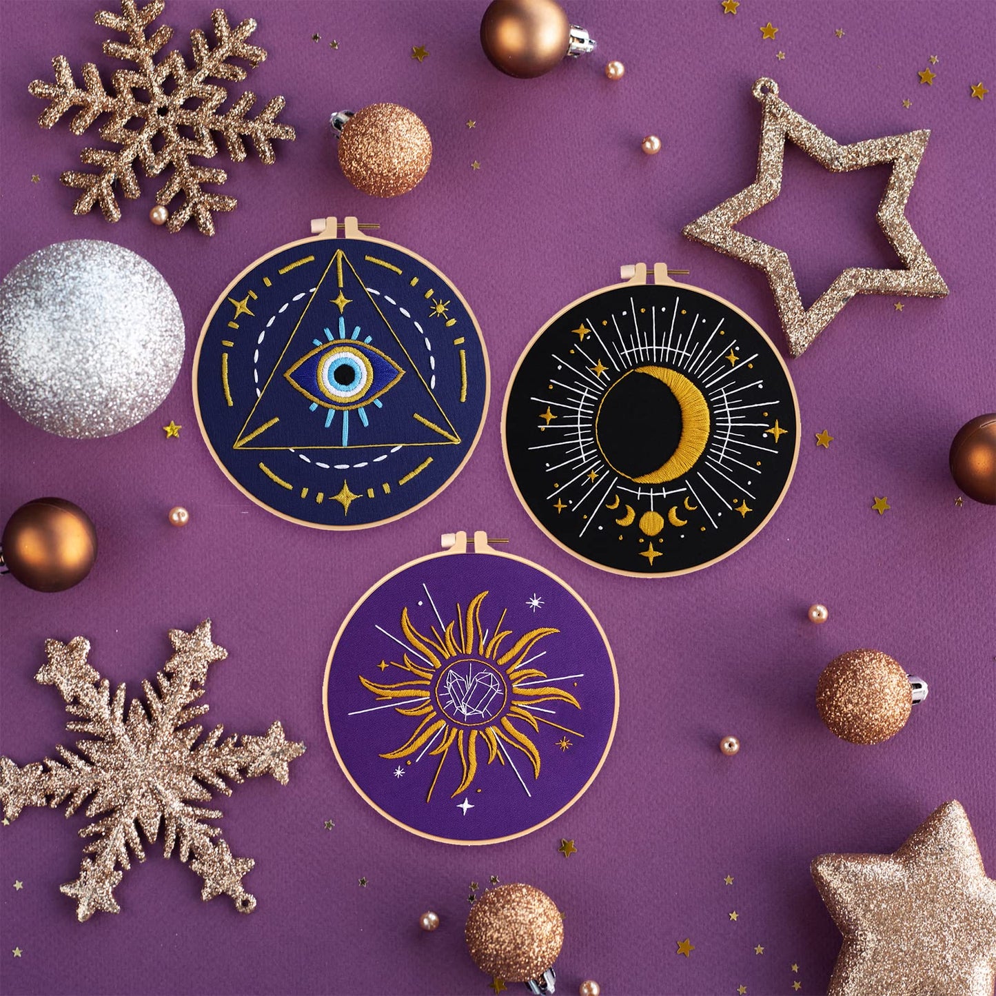 Louise Maelys 3 Set Tarot Embroidery Kits for Beginners with Sun Moon Evil Eye Pattern,Adults Starter Cross Stitch Kit DIY Needlepoint