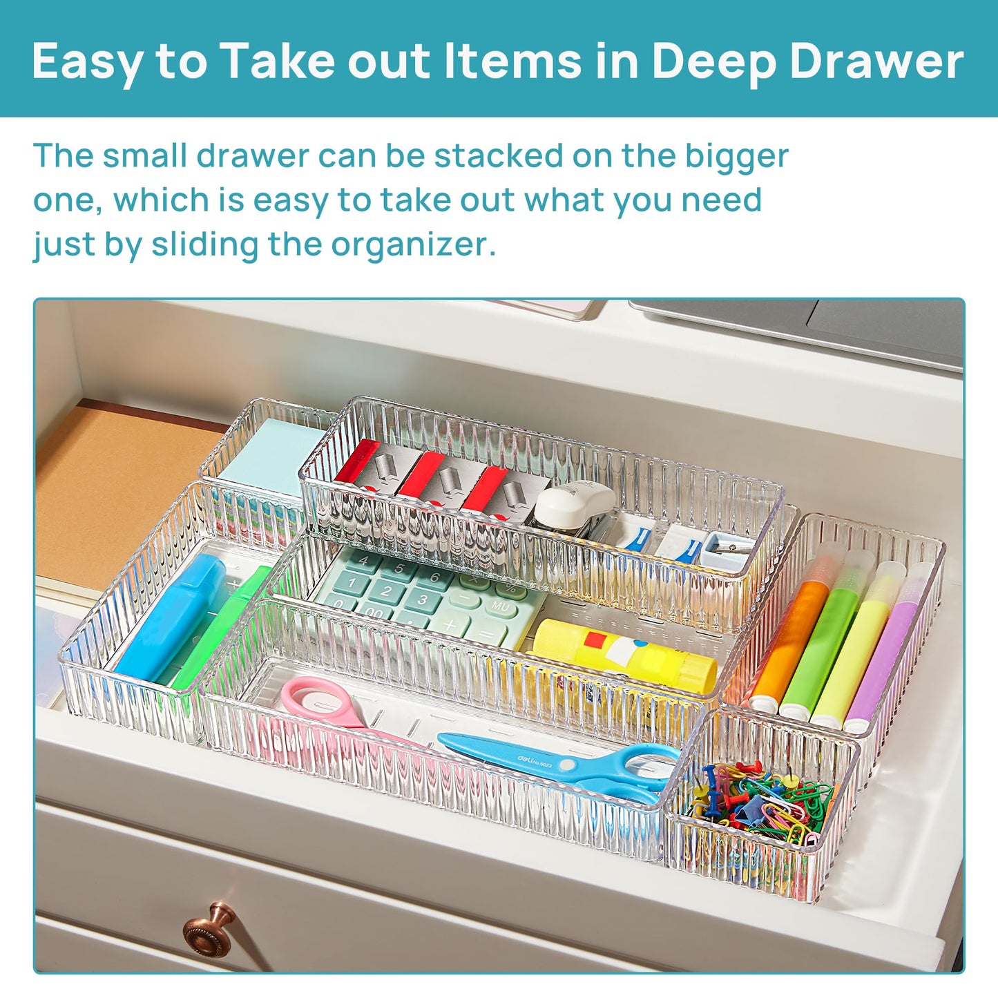 7 PCS Clear Drawer Organizers Bins, 4-Size Stackable Makeup and Vanity Drawer Organizer Trays, Acrylic Bathroom Drawer Storage Containers for Cosmetic, Office Supply, Kitchen Utensils Gadgets