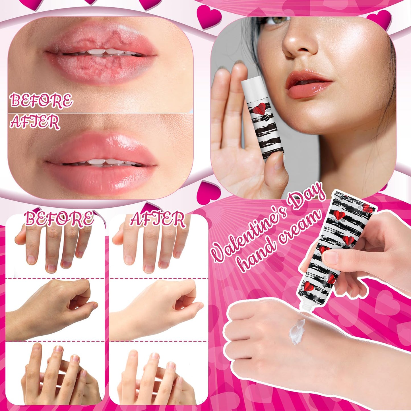 12 Sets Valentine‘s Day Hand Cream Lip Balm Bulk Gifts Galentine's Day Gift Valentine Party Favor Love Heart Travel Size Moisturizing Hand Lotion for Women Coworker Teacher Nurse, 30 ml