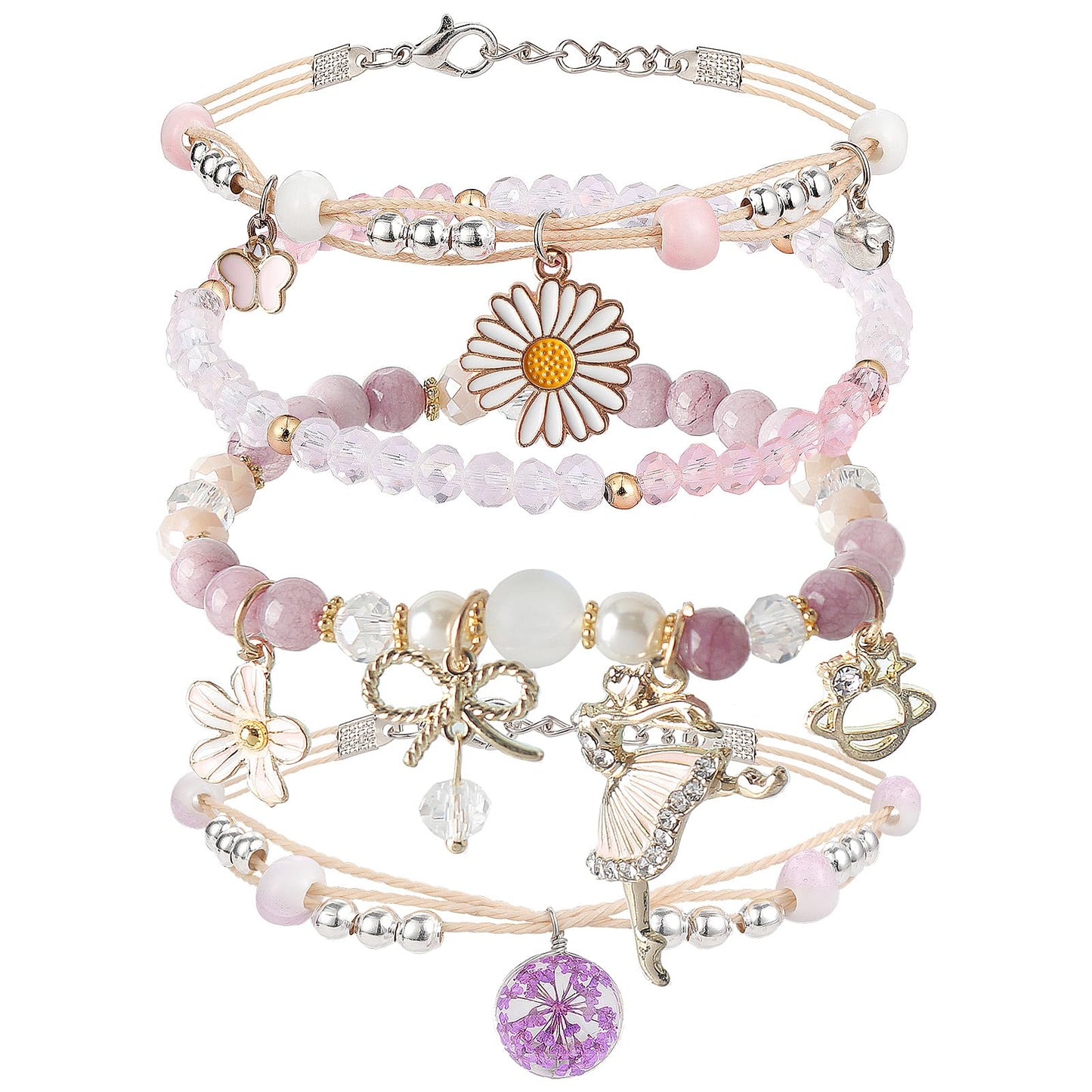 DS 4PCS Beaded Charm Bracelets for Teen Girls Dainty cute cartoon Crystal Beads Pearl Bracelets anklets set for woman and girls Adjustable Stretch bracelet birthday Gift For Friends Dancing Girl