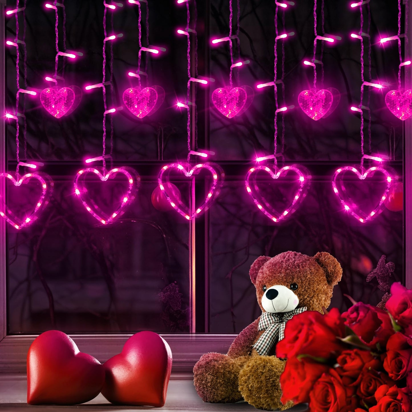 Valentine's Day Decoration, 138 LED Connectable Heart Curtain Lights with 8 Twinkle Modes, Plug in Pink Heart-Shaped Icicle Lights for Indoor Outdoor Garden Party Wedding Valentines Day Decor