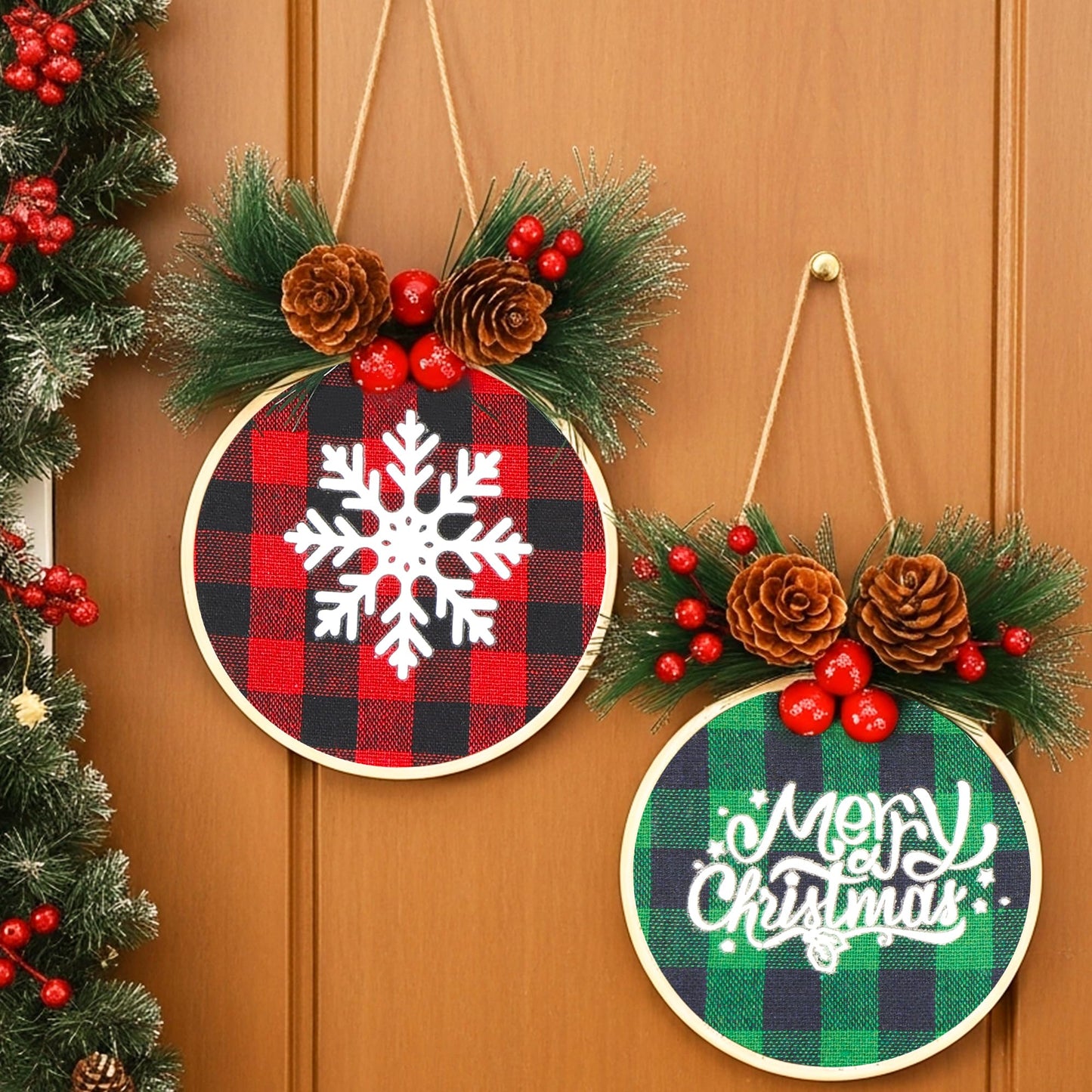 111 Pieces Christmas Ornament Making Kit Including 3 Inch Embroidery Hoops, 5 Inch Squares Plaid Fabric and Pink Mini Heat Press for DIY Christmas Decoration