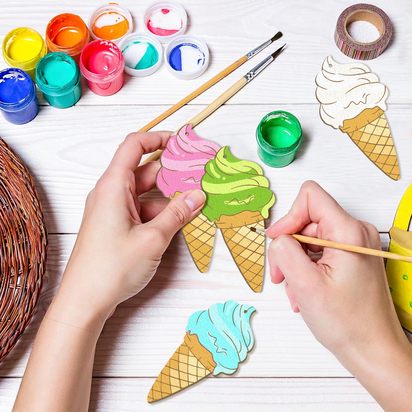 Wooden Ice Cream Ornaments to Paint Summer Decoration Cutouts Unfinished 24PCS 3.5 x 3 inches, DIY Blank Wood Discs Ornament for Home Crafts Hanging Mother's Day Father's Thanksgiving Decoration