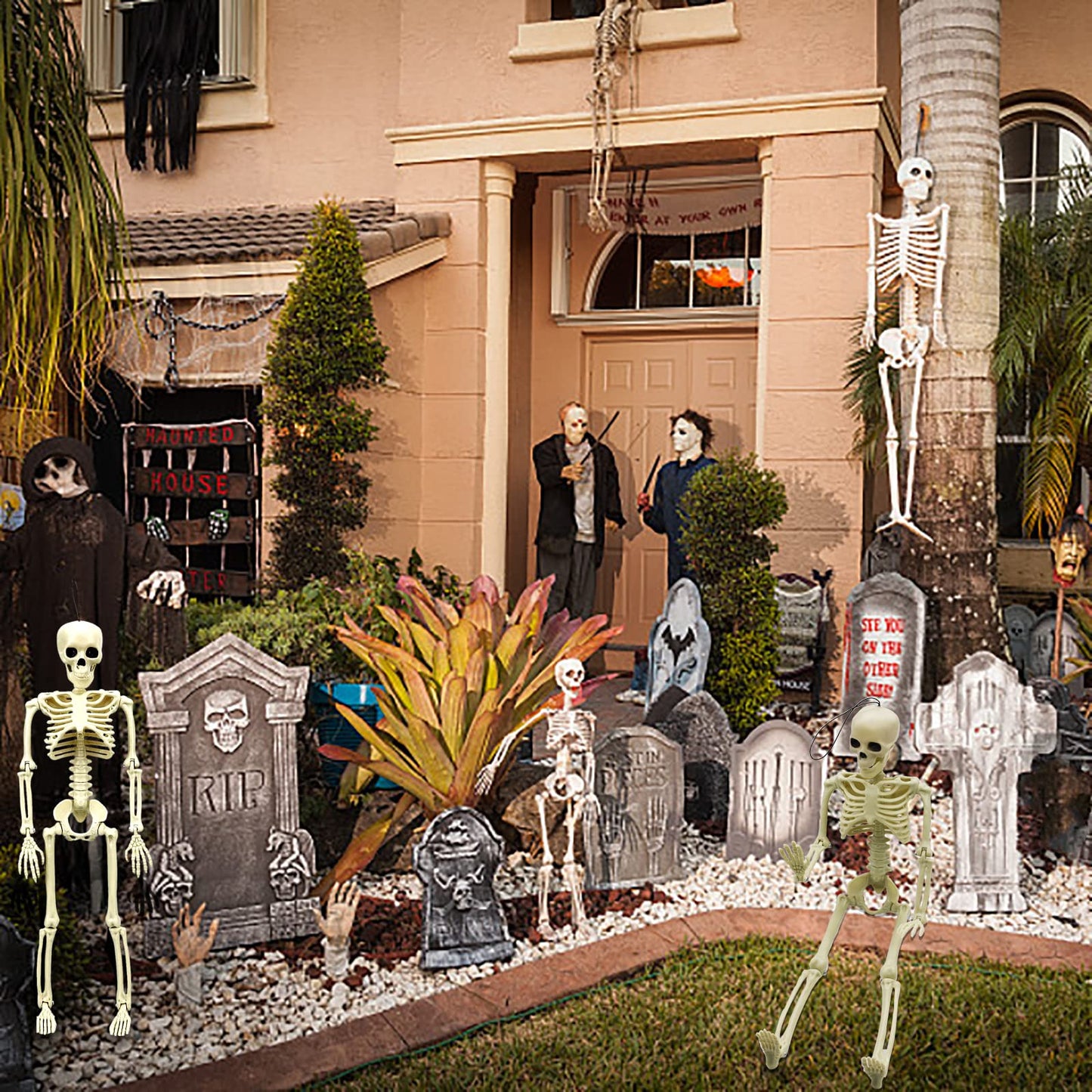 MEMOVAN 16" Halloween Skeleton 2pcs Full Body Posable Halloween Skeletons with Movable Joints Realistic Spooky Skeletons for Haunted House Graveyard Props Halloween Party Decorations