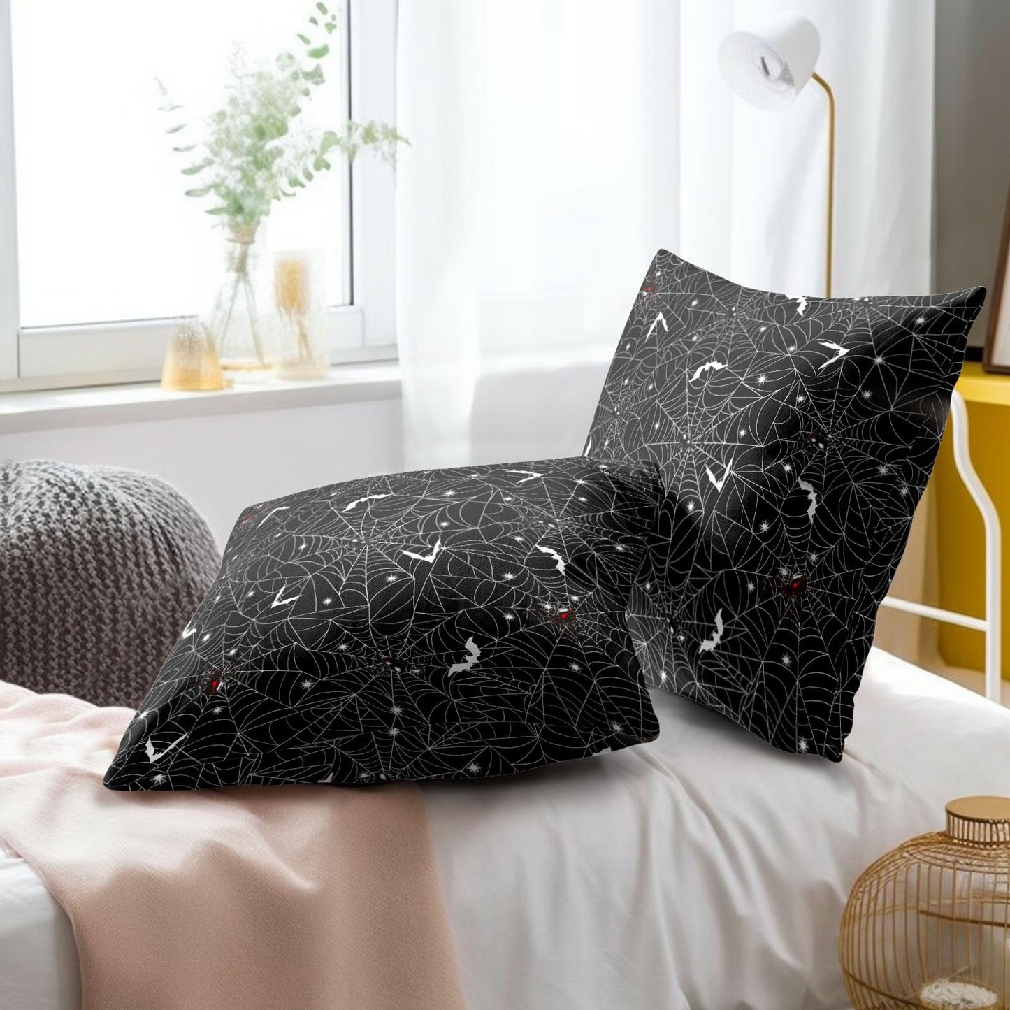 Halloween Spider Web Throw Pillow Covers 18X18 Inches Set of 2 White Bat Pillowcase Soft Cotton Square Cushion Covers for Home Sofa Bedroom Decoration