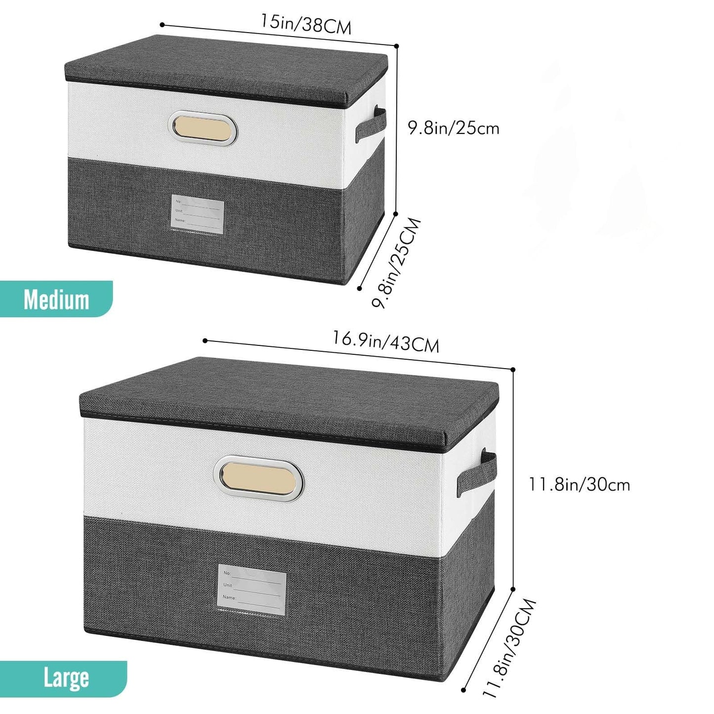 Large Linen Fabric Foldable Storage Bins with Removable Lid and Handles, Washable Storage Box Organizer Containers Baskets Cube with Cover for Bedroom,Closet,Office (Turquoise&Cream, Medium)