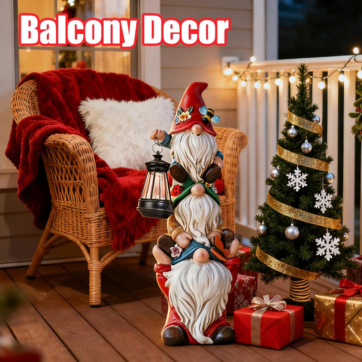 Christmas Gnome Statue with Solar Lights Garden Sculptures Funny Triple Gnome Outdoor Patio Lawn Yard Balcony Home Decor Birthday Gift for Woman Grandma 12 in Garden Gnome