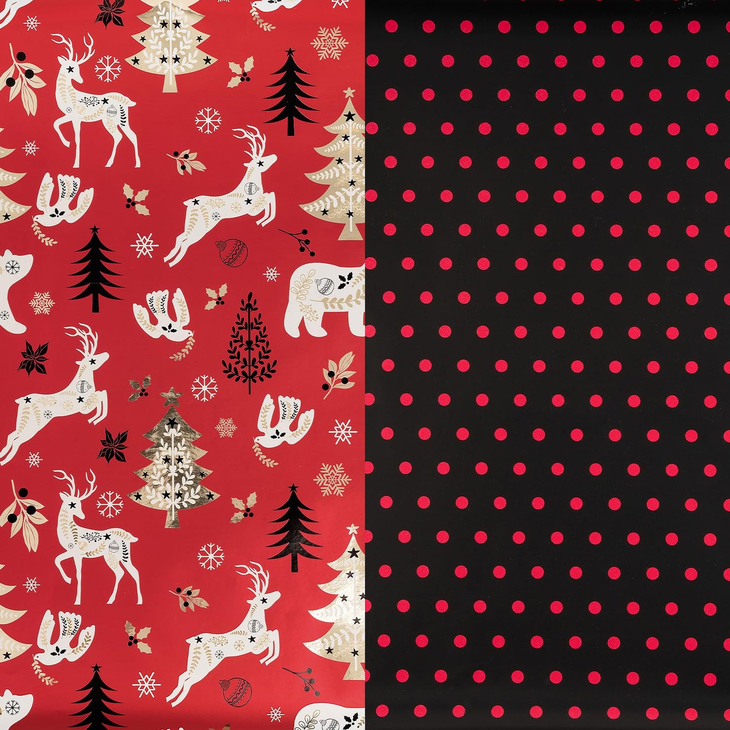 Christmas Reversible Wrapping Paper Roll, Mini Roll, Red Black Reindeer and Tree Design, Black with Red Polka Dots Gift Wrap Paper for Adults, Kids and Holiday Gifts, 17 Inches x 32.8 Feet