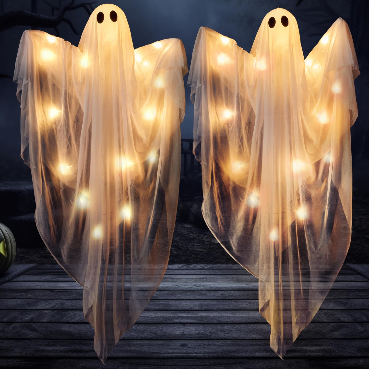 JOYIN 2 Pcs 47” Halloween Light up Hanging Ghost Decoration Outdoor with Warm LED Light, Halloween Flying Hanging Ghosts for Haunted House Prop, Front Yard Patio Party Decor Indoor Outdoor