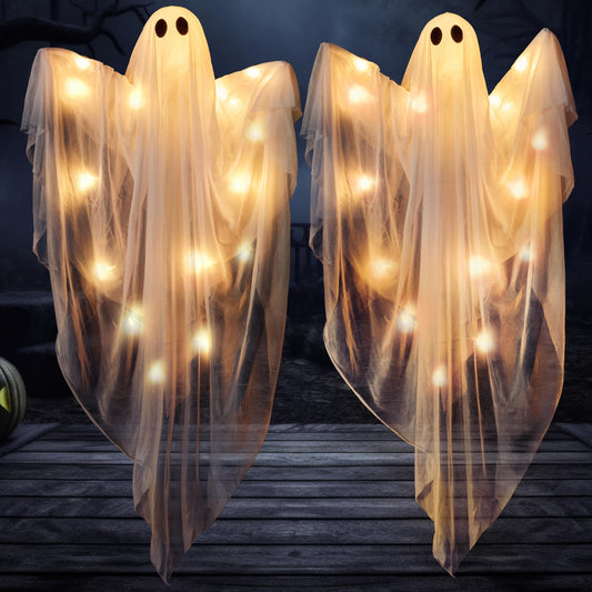 JOYIN 2 Pcs 47” Halloween Light up Hanging Ghost Decoration Outdoor with Warm LED Light, Halloween Flying Hanging Ghosts for Haunted House Prop, Front Yard Patio Party Decor Indoor Outdoor