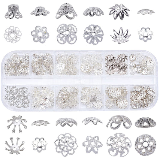 1 Box 240Pcs 12 Styles Flower Spacer Beads Caps Silver Bead Caps Mixed Tibetan Beads Jewelry Findings for DIY Earring Bracelet Necklace Keyring Making