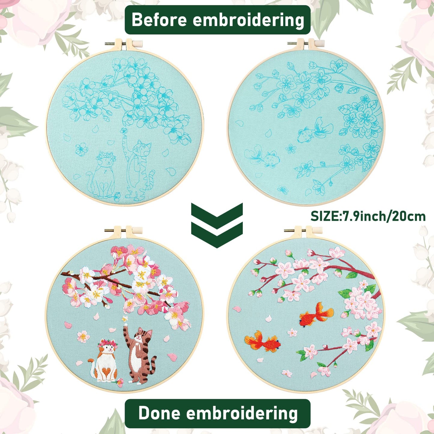 5 Sets Floral Embroidery Kit for Beginners Adults Flower Embroidery Starter Cross Stitch Kits with Flower Stamped Patterns and Instructions Include Hoop Threads Needles Fabric for Art Starter