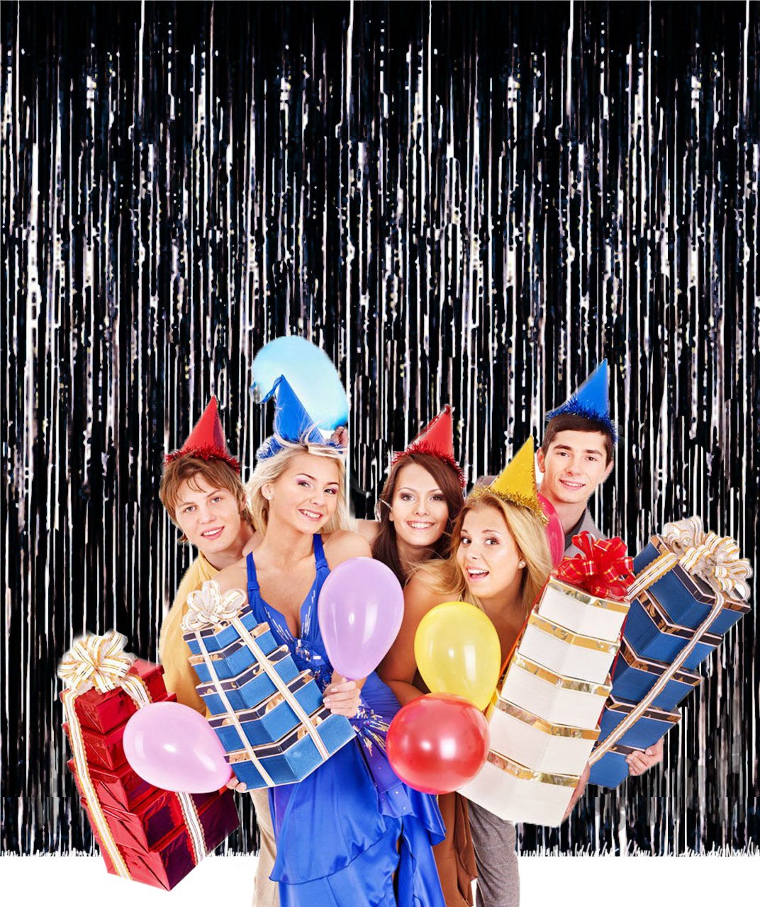 Fecedy 2pcs 3ft x 8.3ft Black Metallic Tinsel Foil Fringe Curtains Photo Booth Props for Birthday Wedding Engagement Bridal Shower Baby Shower Bachelorette Holiday Celebration Party Decorations