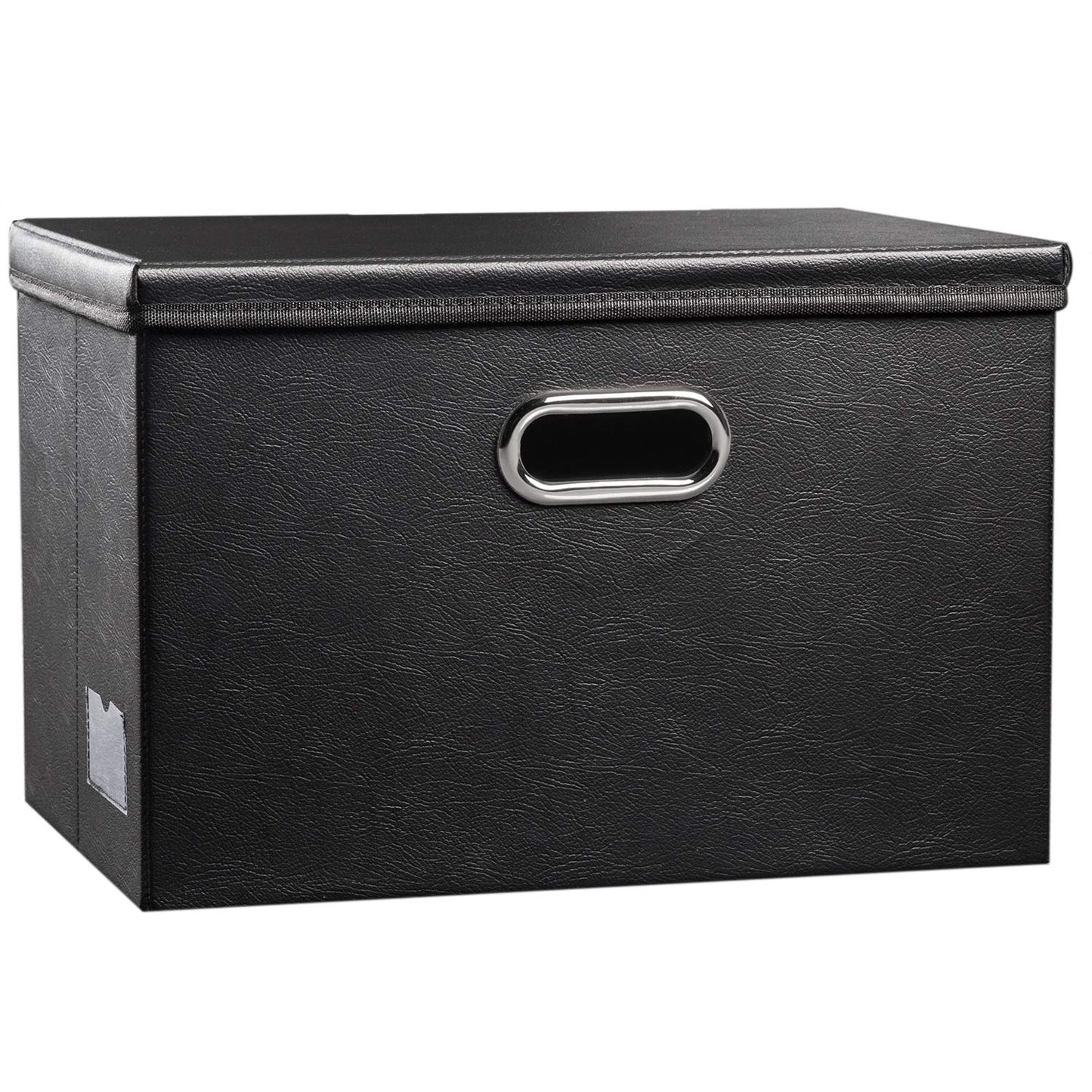 Large Collapsible Storage Bin with Lid [1-Pack] Leather Fabric Foldable Storage Box Organizer Containes Basket Cube with Cover for Home Bedroom Closet Office Nursery Black (17.7x11.8x11.8)