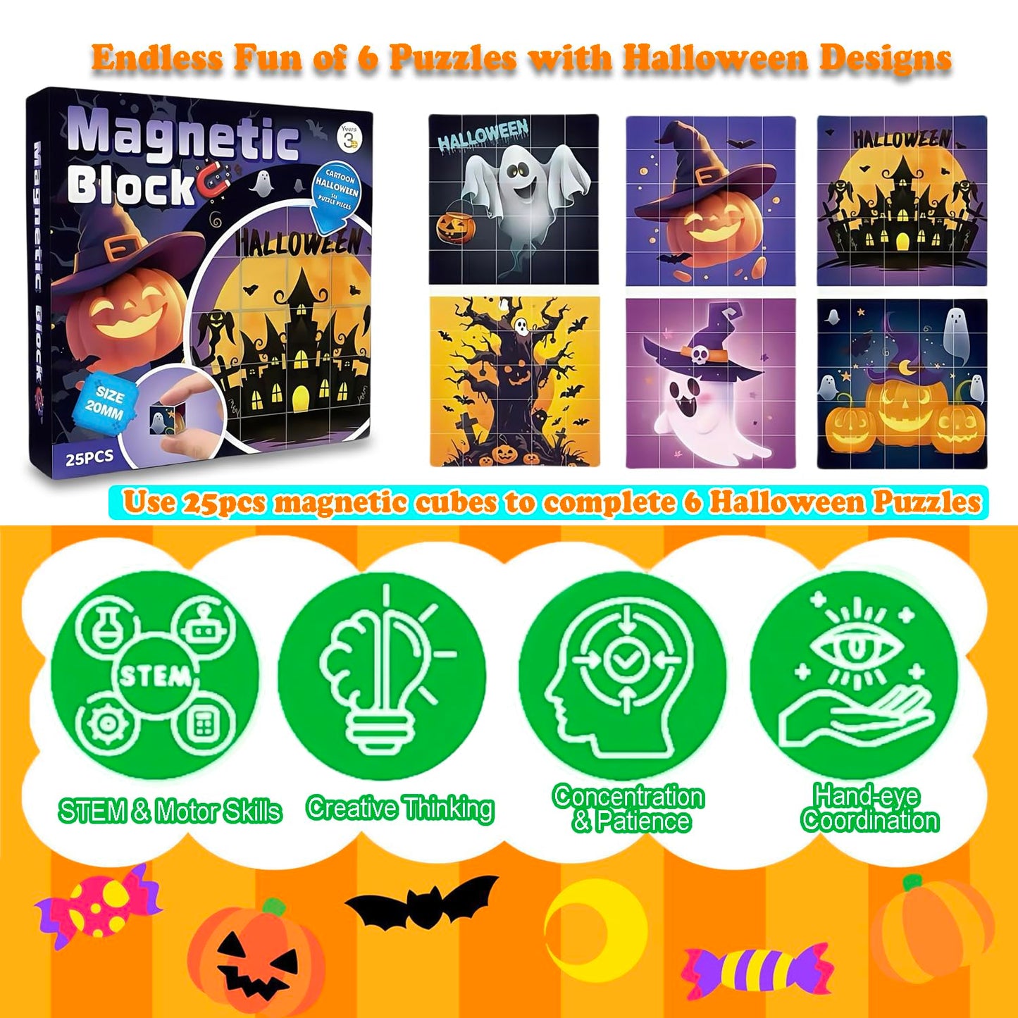 Magnetic Blocks Building Toy,Ritastar 25pcs Mine Stacking Magnet Build Cubes Cartoon Pattern World,STEM Sensory Construction Toys for Kids Gift,Educational Jigsaw Puzzle Set with 3D Halloween Designs