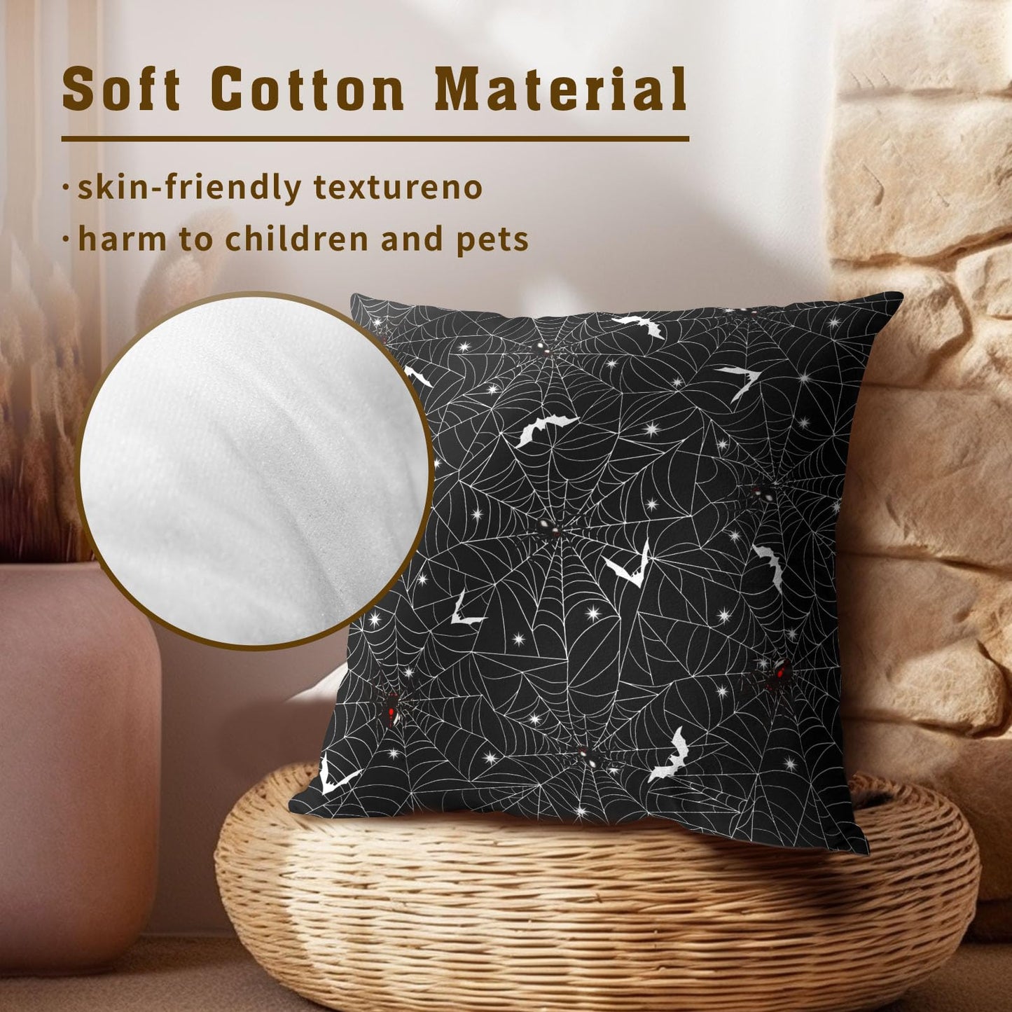 Halloween Spider Web Throw Pillow Covers 18X18 Inches Set of 2 White Bat Pillowcase Soft Cotton Square Cushion Covers for Home Sofa Bedroom Decoration