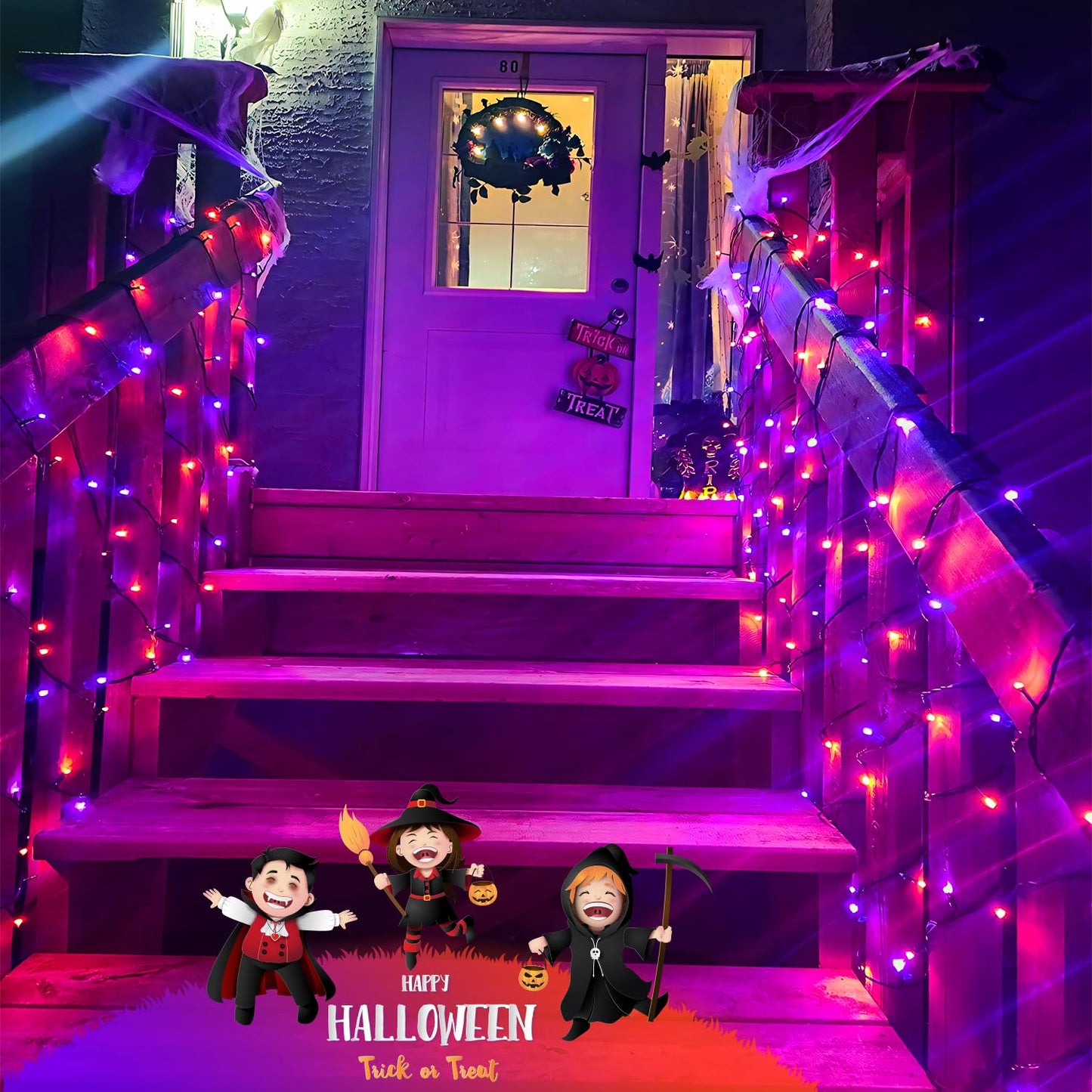 POTIVE 2 Pack Orange and Purple Halloween Lights, Total 151ft 400 LED Halloween Solar Lights Outdoor,8 Modes Solar String Lights Outdoor Waterproof