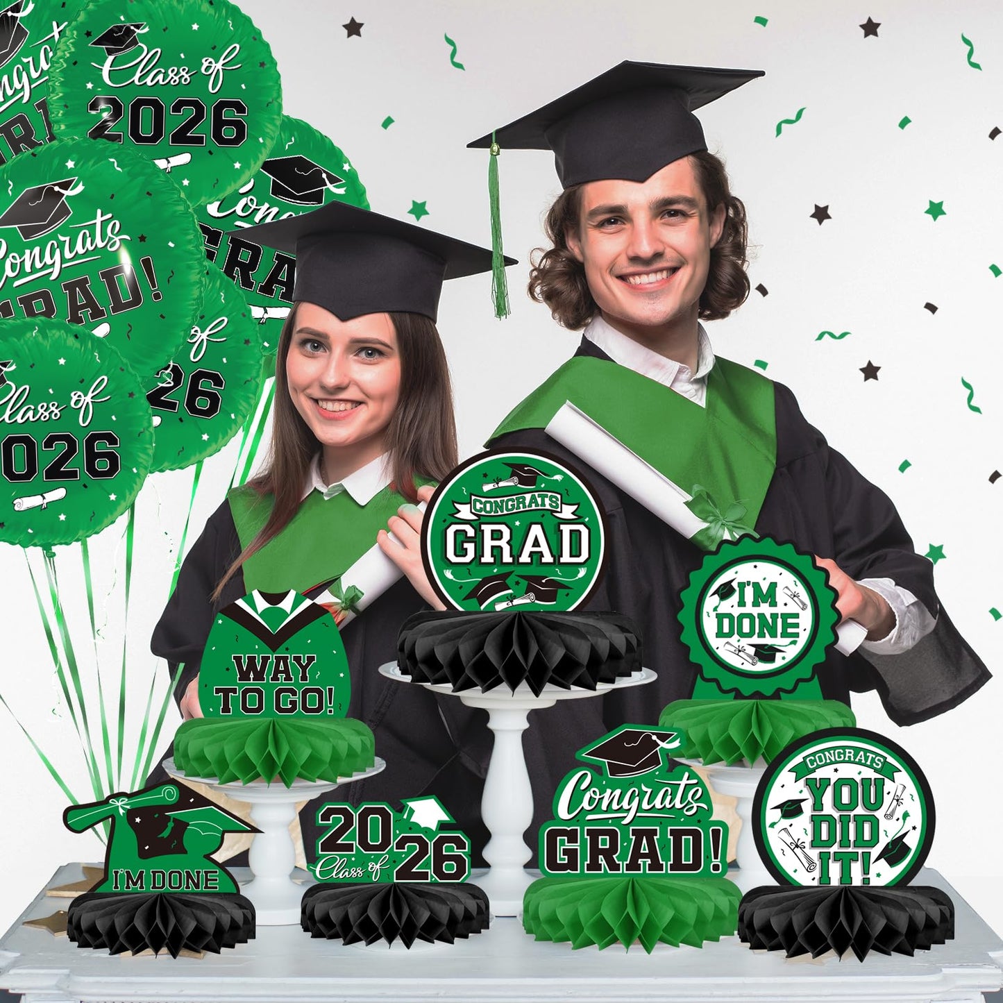 Gatherfun 9PCS Graduation Party Decorations Class of 2026 Congrats Grad Table Centerpiece Congratulate Graduation Honeycomb Table Toppers for Graduation Party Supplies(Green,Black