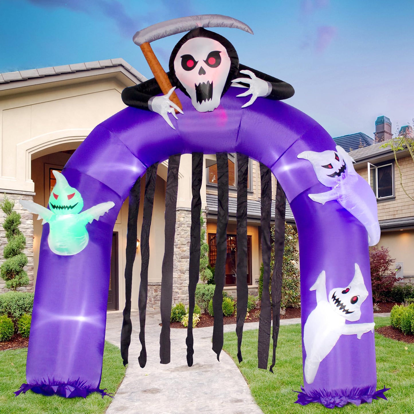 6FT Halloween Inflatables Giant Grim Reaper Arch with Three White Ghost, Built-in LEDs for Halloween Blow-Up Indoor-Outdoor Decoration