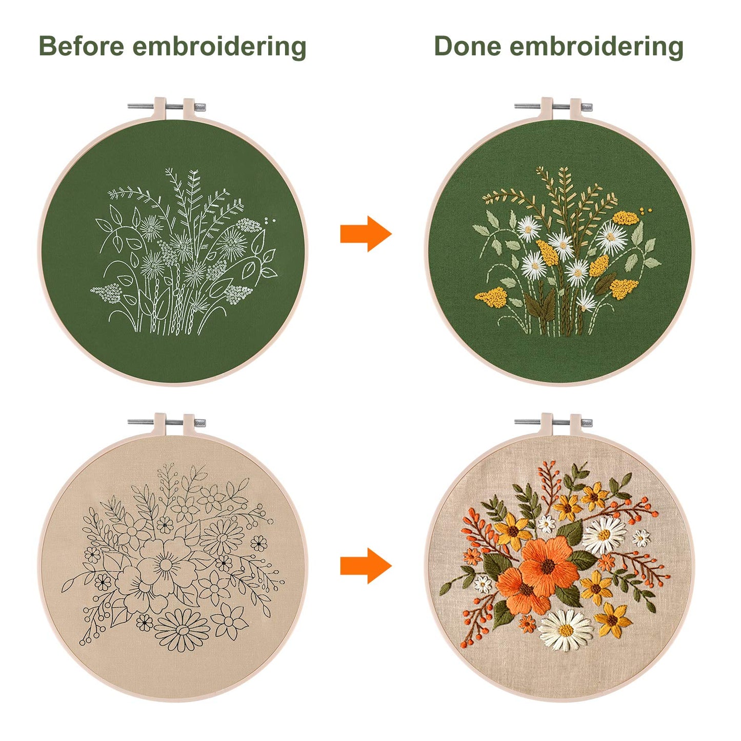 2 Sets Full Range Embroidery Starter Kit with Pattern and Instructions Cross Stitch Kit Includes 2 Pcs Embroidery Clothes with Floral Pattern, 1 Pcs Plastic Embroidery Hoops, 1 Pcs Scissor