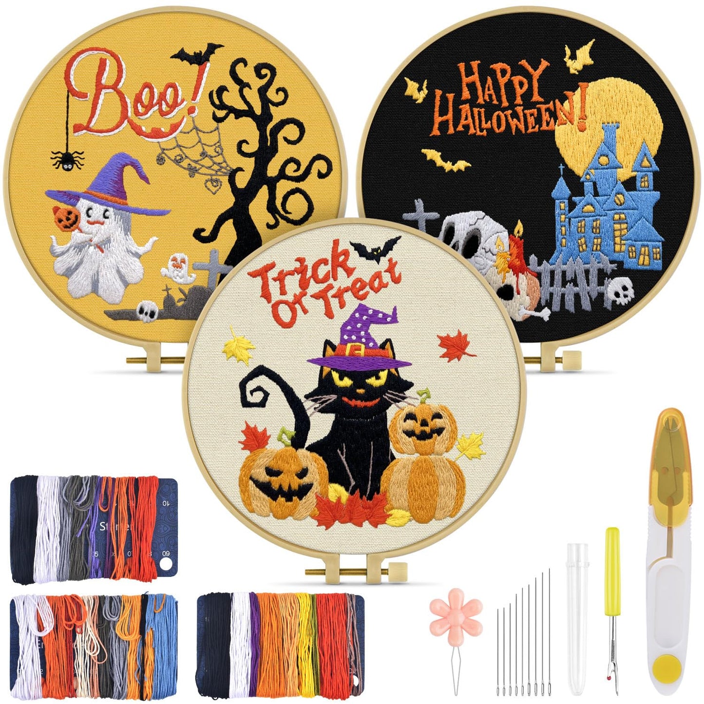 TINDTOP Halloween Embroidery Kit for Adult Beginners, 3 Sets Embroidery Stitch Practice kit Include Embroidery Cloth Hoops Threads for Craft Lover Hand Stitch