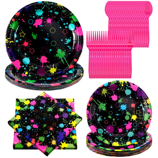 100 Pcs Neon Party Supplies Tableware Set Plates Napkins Forks Spoons