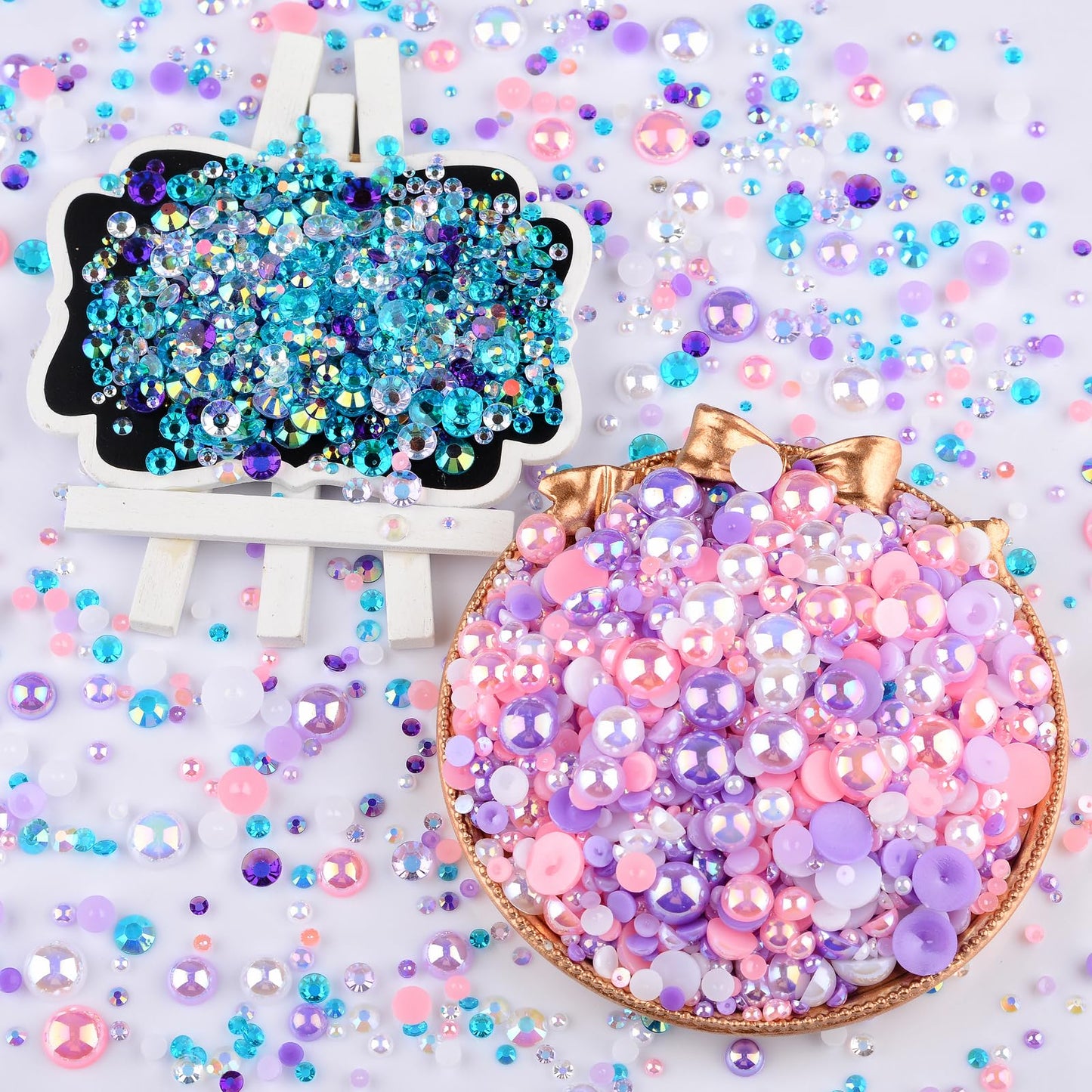 75g Mix Resin Pearls Rhinestones Kit, 3-10mm Half Pearls and 2-6mm Flatback Rhinestones for Nail Art Decoration Shoes Clothes Tumblers Scrapbooking Craft DIY (Purple Pink White)