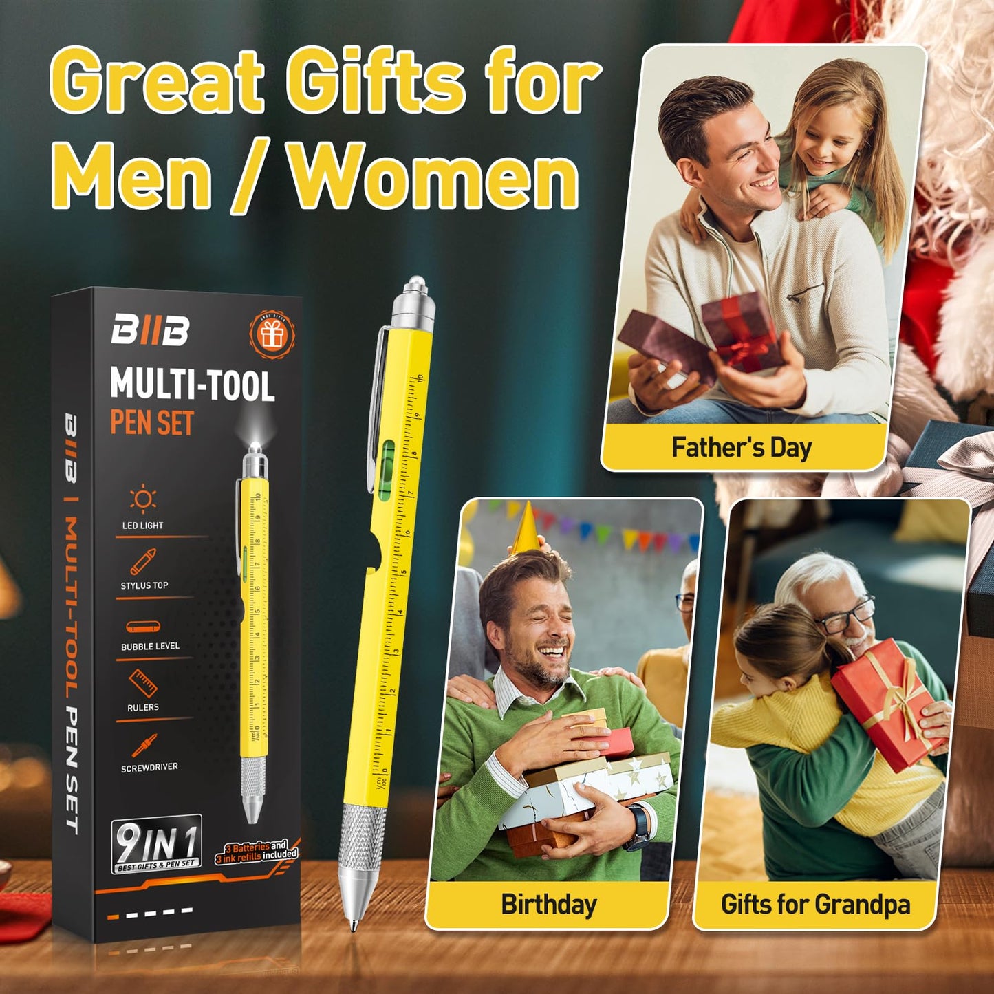 BIIB Fathers Day Gift for Husband Dad, 9 in 1 Multitool Pen Gifts for Men, Personalized Fathers Day Gift Idea for Grandpa, Anniversary Birthday Graduation Gifts for Men Him, Tools Cool Gadgets