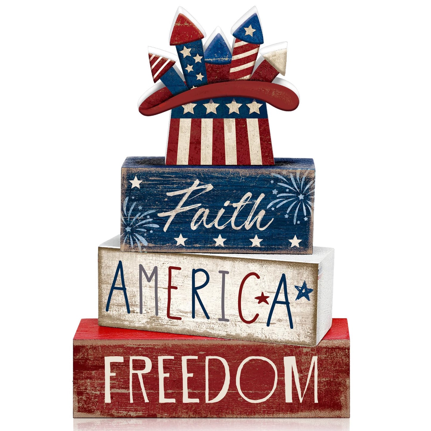 CroBlissful 4 Pcs 4th of July Decorations Patriotic Memorial Day Tabletop Decorations Red White Blue Table Centerpieces Sign for Office Tiered Tray Home Shelf 250th Anniversary(Independence Day Hat)