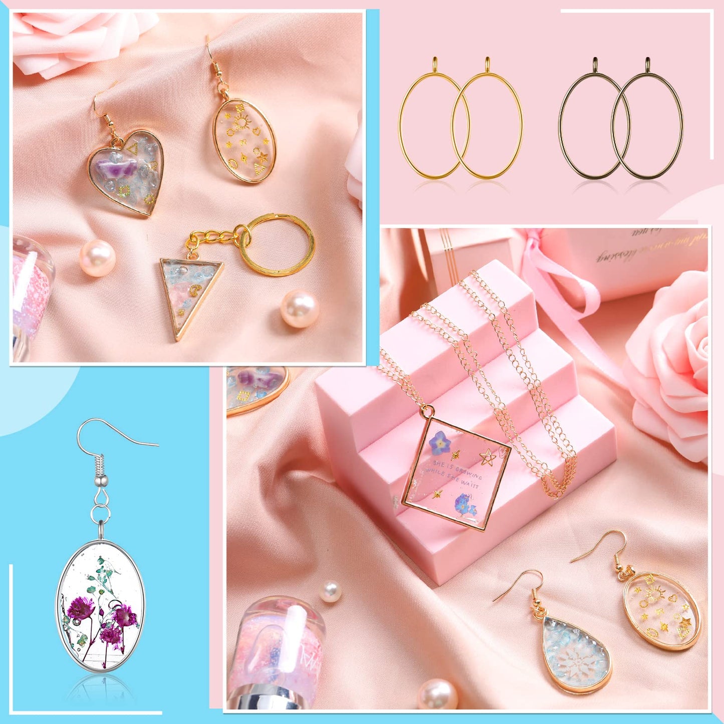 Inbagi 180 Pcs Open Bezels for Resin Jewelry Making Kit Hollow Frame Pendants Resin Craft Bezels Assorted Geometric Frame Charms for Casting Necklace Earring