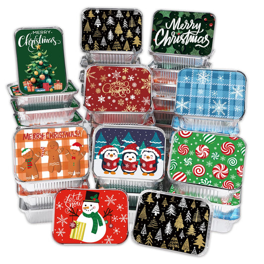 36PCS Christmas Foil storage Containers 9 Styles Merry Christmas Disposable Leftover Food Containers with Lids Aluminum Cookie Tin Pans for Winter Holiday Gift Giving Party Supplies(Style B)