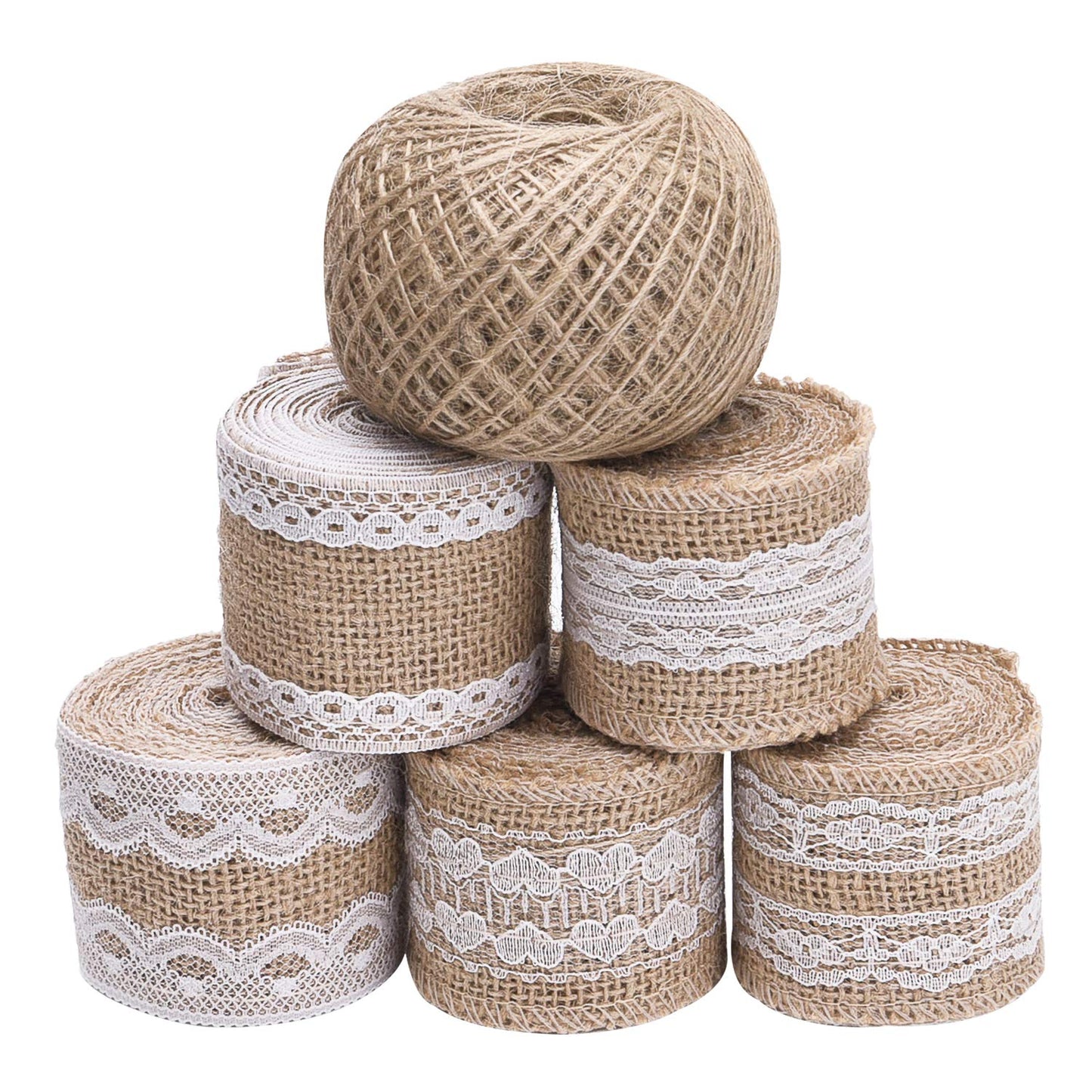 Livder 11 Yards Natural Burlap Ribbon Roll with White Lace and 109 Yard Jute Twine for DIY Home Decoration and Gift Wrap