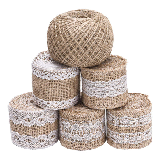 Livder 11 Yards Natural Burlap Ribbon Roll with White Lace and 109 Yard Jute Twine for DIY Home Decoration and Gift Wrap