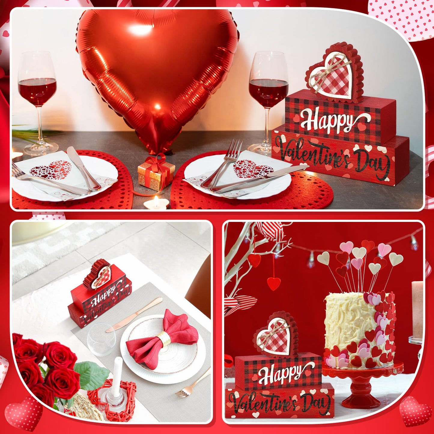3 Pcs Farmhouse Valentine's Day Tiered Tray Decor Table Sign Pink Theme Wood Decorations Valentine's Day Centerpiece Decor for Party Gift Desk (Classic Style)