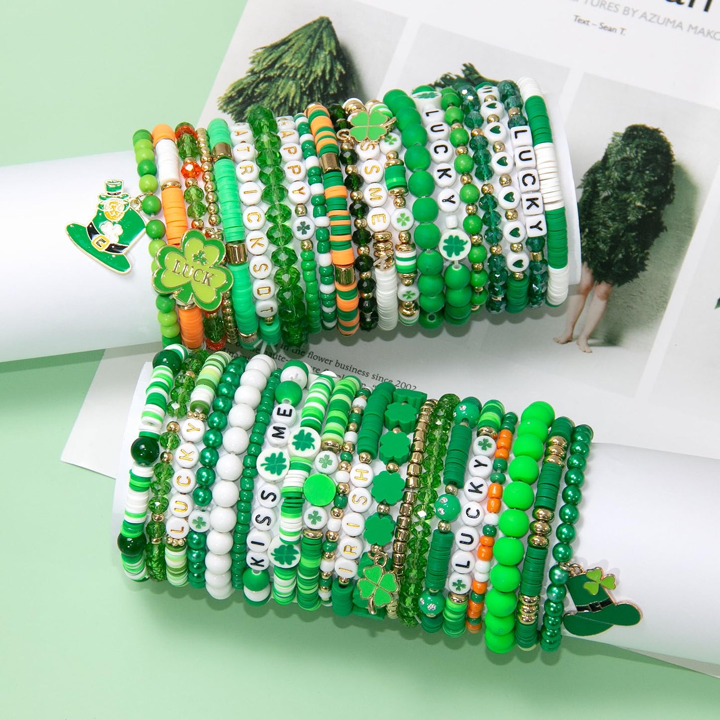 40 Pcs St. Patrick's Day Shamrock Bracelets Set Green Irish Clay Stretch Stackable Friendship Bracelet for Women, Party Favors Jewelry Gift Party Supplies