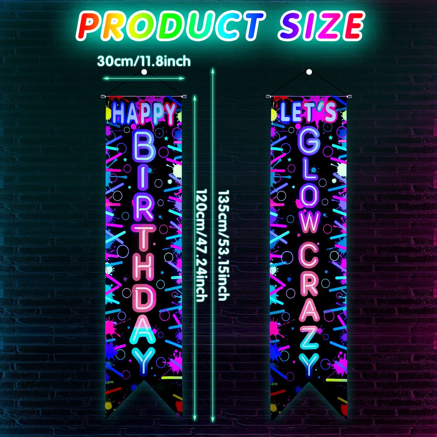 Tegeme Glow in the Dark Party Supplies Neon Happy Birthday Banner Crazy Porch Sign Glow Party Backdrop for Black Light Neon Themed Birthday Party Decorations