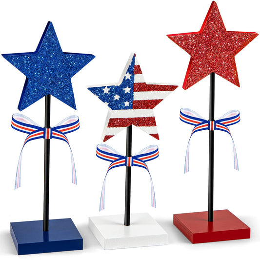 3 PCS 4th of July Table Decorations Wood Star Set, Labor Day Tiered Tray Decor, Veterans Day Memorial Day Table Decor, Red White and Blue Decorations for Home Tables(Star)