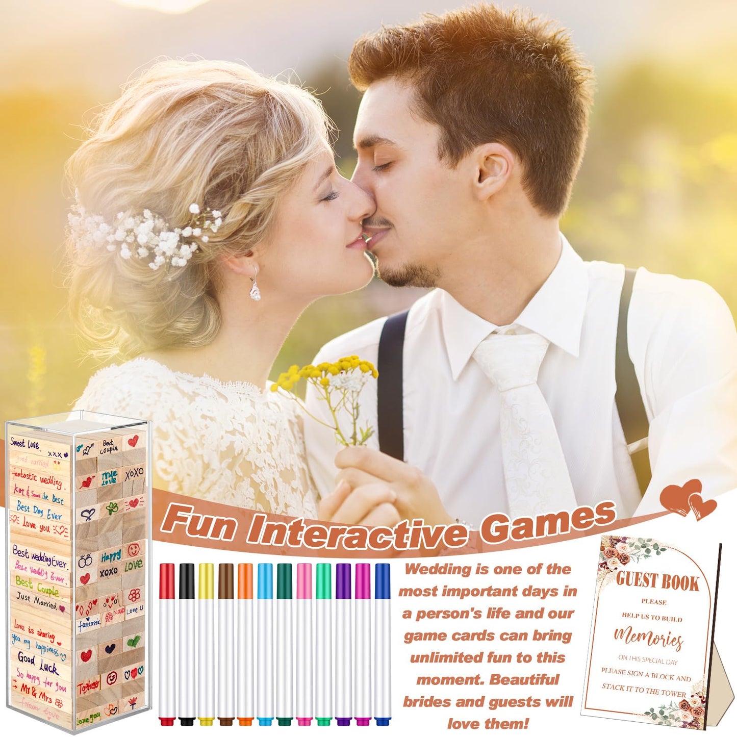 80 Pcs Wedding Guest Book Alternative Wooden Block Guest Book for Wedding Sign in Bridal Shower Decoration Wooden Block Bridal Shower Game for Sign in, Reception(Rustic)