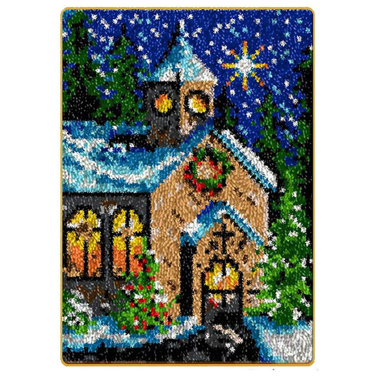 Christmas Latch Hook Kit for Adults Kids, Church DIY Crochet Yarn Rugs Hooking Craft Needlework Kit with Color Preprinted Pattern for Home Decoration Festival Gift 20X15inch